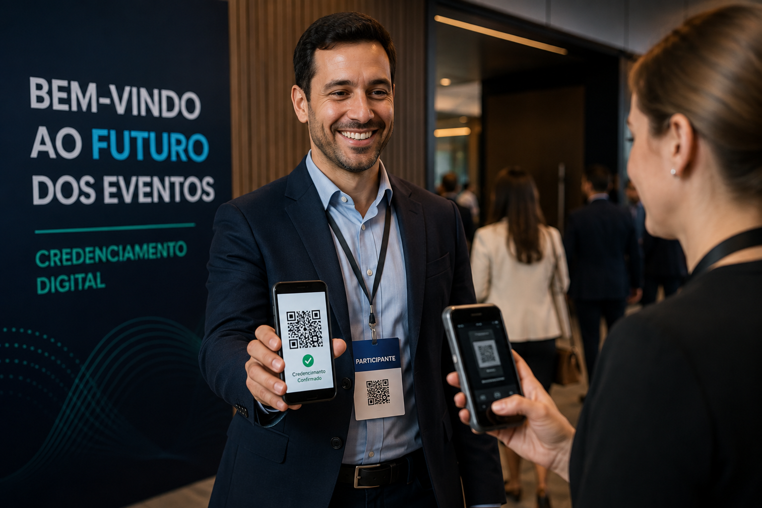 Credenciamento digital em evento corporativo com QR Code lido pela câmera do celular